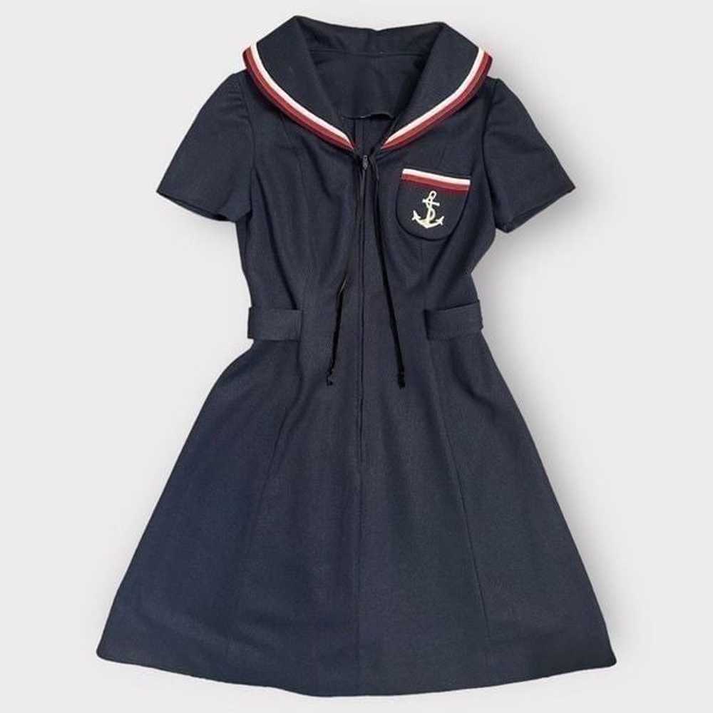 60s/70s Vintage Short Sleeves Navy Sailor Dress w… - image 5