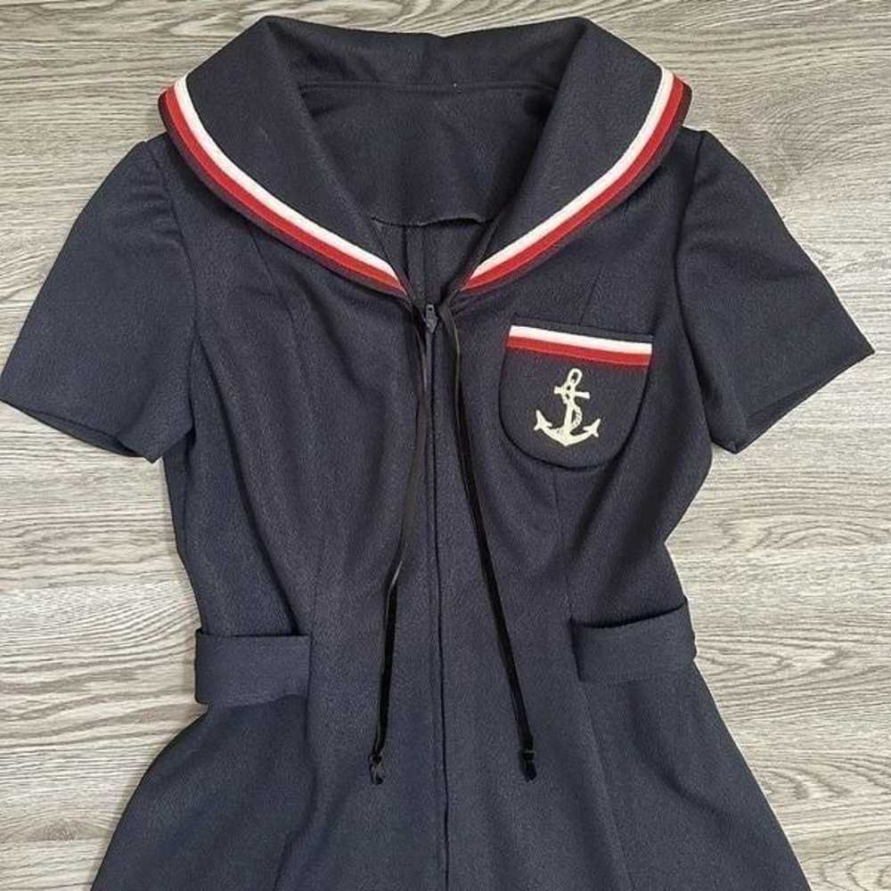 60s/70s Vintage Short Sleeves Navy Sailor Dress w… - image 7