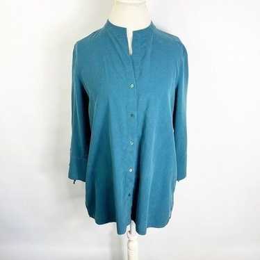 Eileen Fisher Fuji Silk Button Up Shirt 3/4 Tie Sl