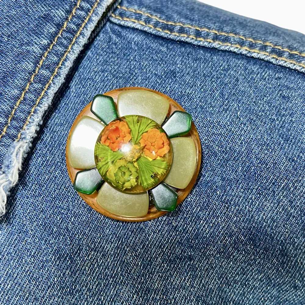 Bakelite Flower Brooch with Reverse Carved Apple … - image 3