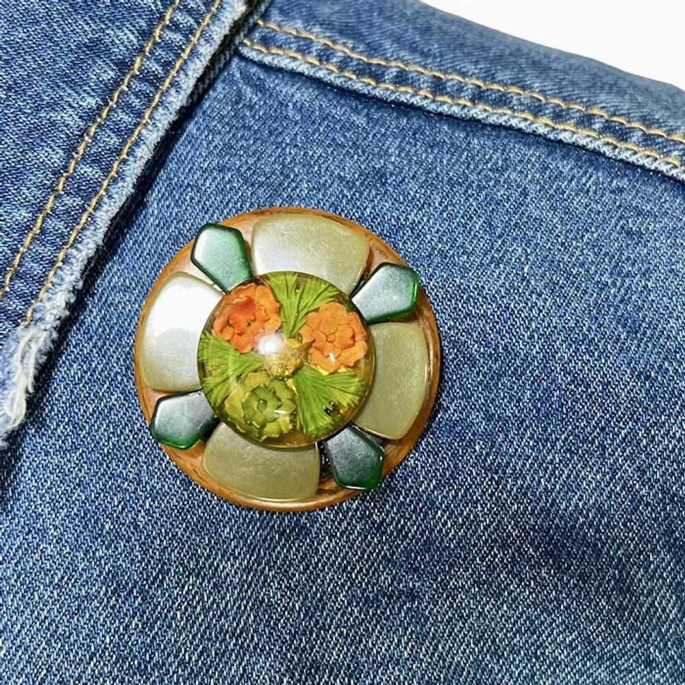 Bakelite Flower Brooch with Reverse Carved Apple … - image 4