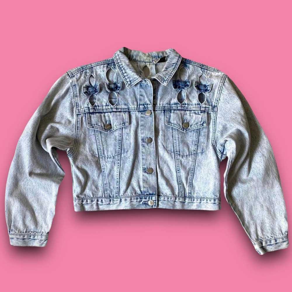 80s Denim Jacket Jean Cropped Acid Wash Bow Cut O… - image 2