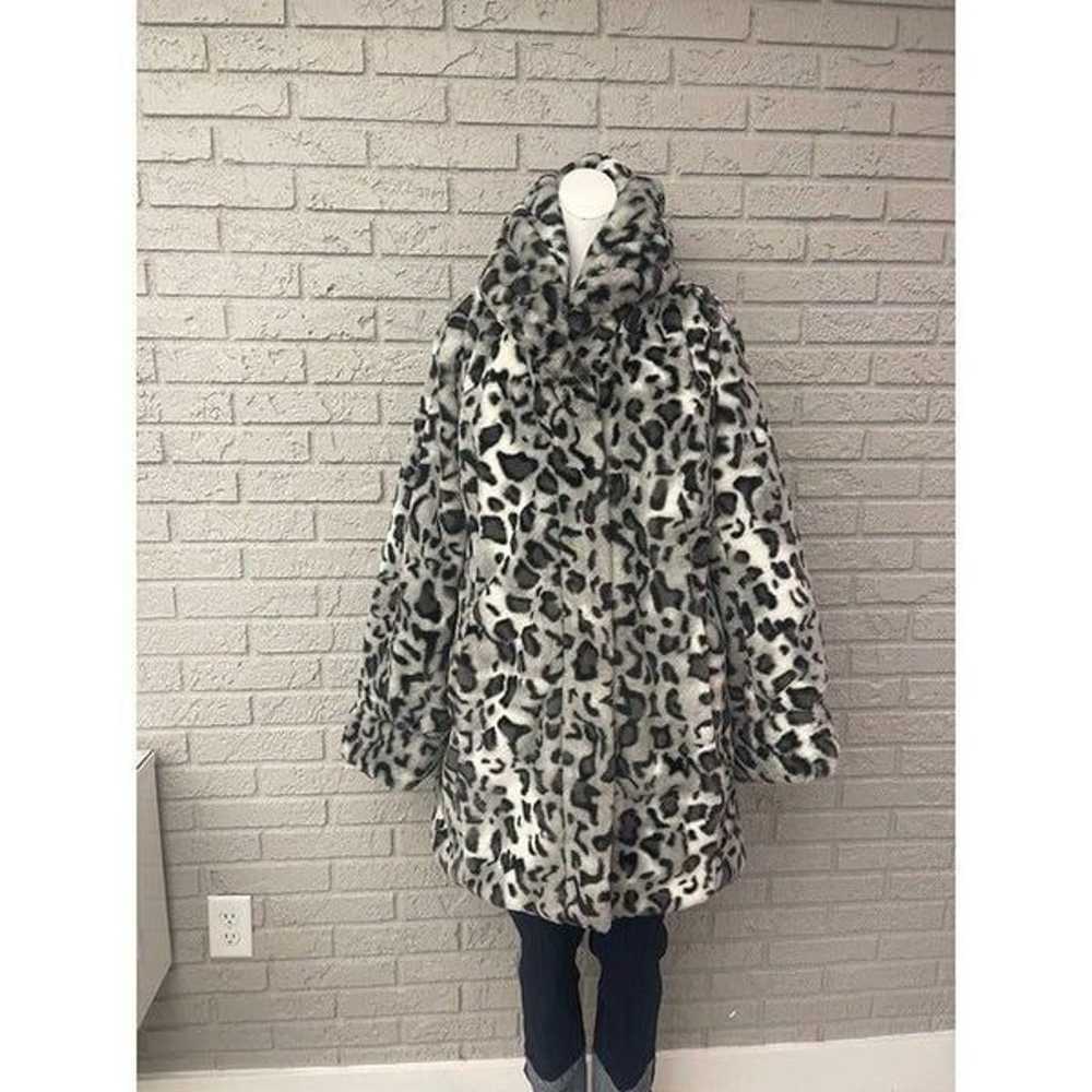 Gray Animal Print Faux Fur Coat with Hoodie Size M - image 1