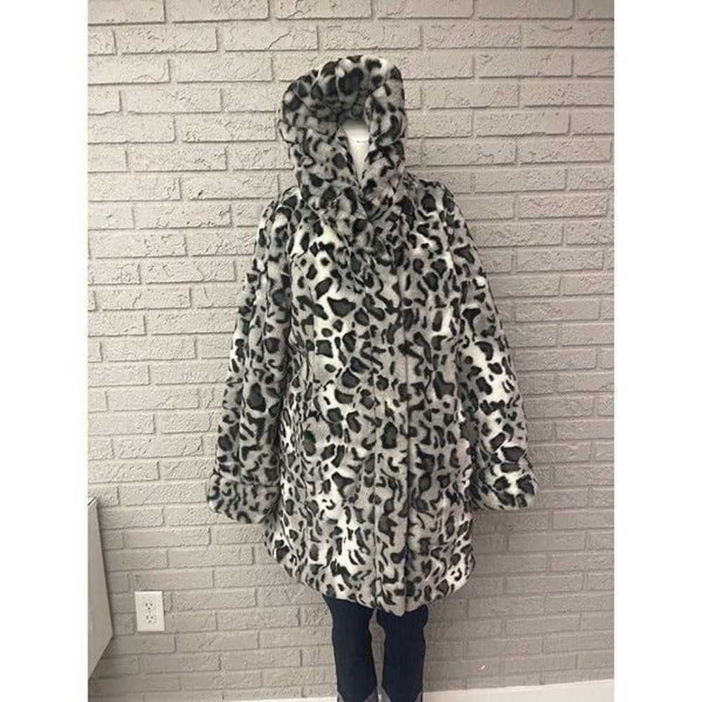 Gray Animal Print Faux Fur Coat with Hoodie Size M - image 6