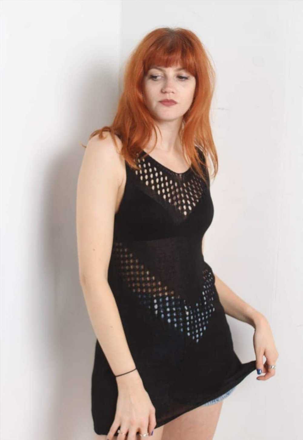 Vintage Y2K Crocket Knit Sheer Dress Black RL - image 1