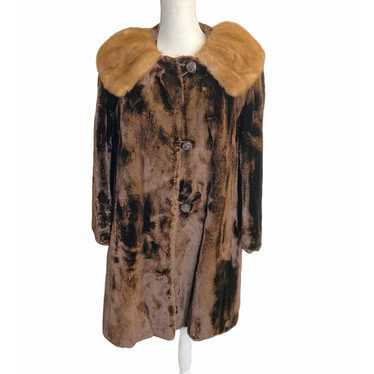 Vtg women real Fur leather midi Length Coat button
