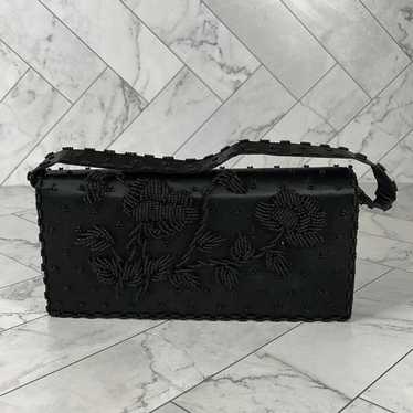 Vintage Black Floral Beaded Handbag or Clutch