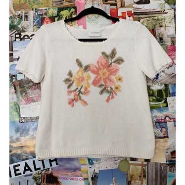 White Vintage Liz Claiborne Floral Knit Short Sle… - image 1