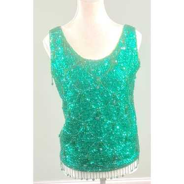 Vintage  50s 60 Emerald Green Wool Sequin bead sle