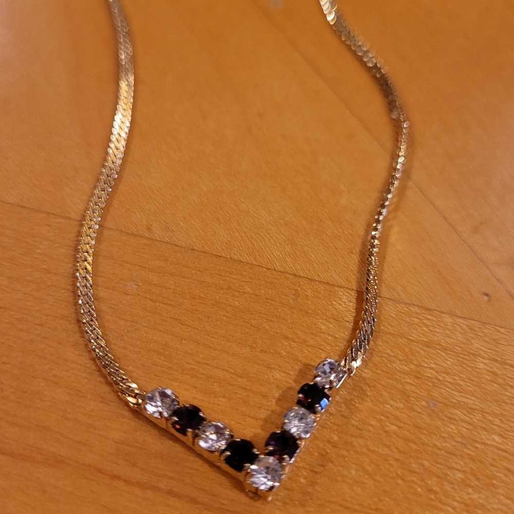 Vintage Crystal V Station Necklace Purple Clear C… - image 2