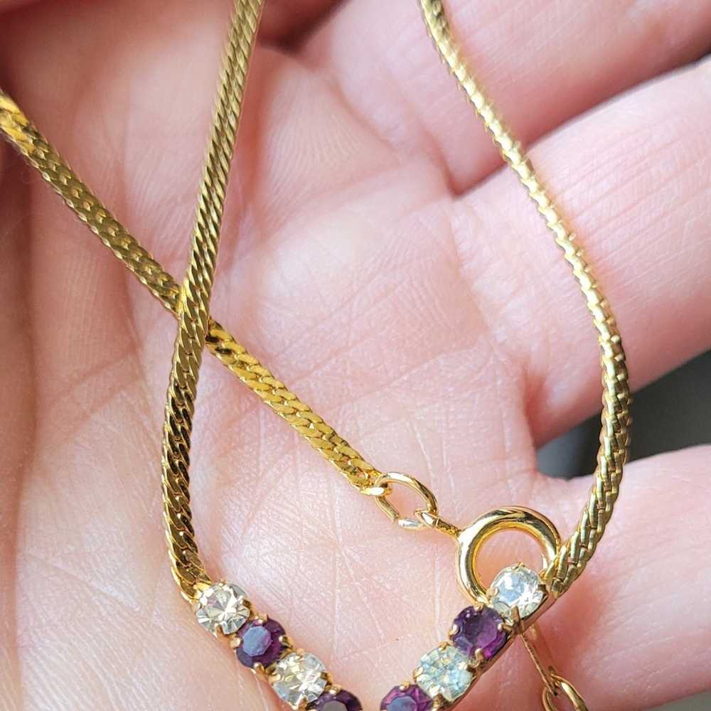Vintage Crystal V Station Necklace Purple Clear C… - image 3