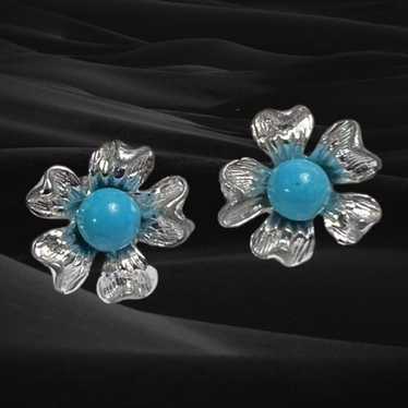 Vintage Sarah Coventry Turquoise Flower Silver Cli