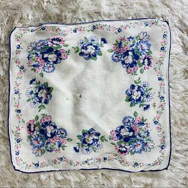 Vintage Handkerchief Floral 60s Cotton Blue Pink - image 1