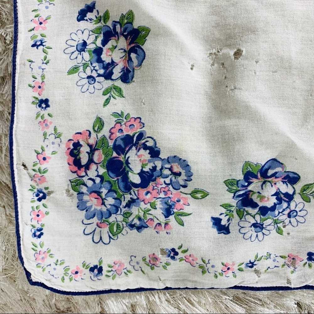 Vintage Handkerchief Floral 60s Cotton Blue Pink - image 2