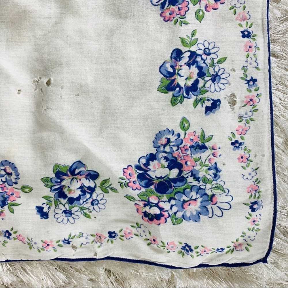Vintage Handkerchief Floral 60s Cotton Blue Pink - image 3