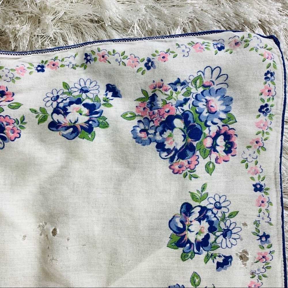 Vintage Handkerchief Floral 60s Cotton Blue Pink - image 4