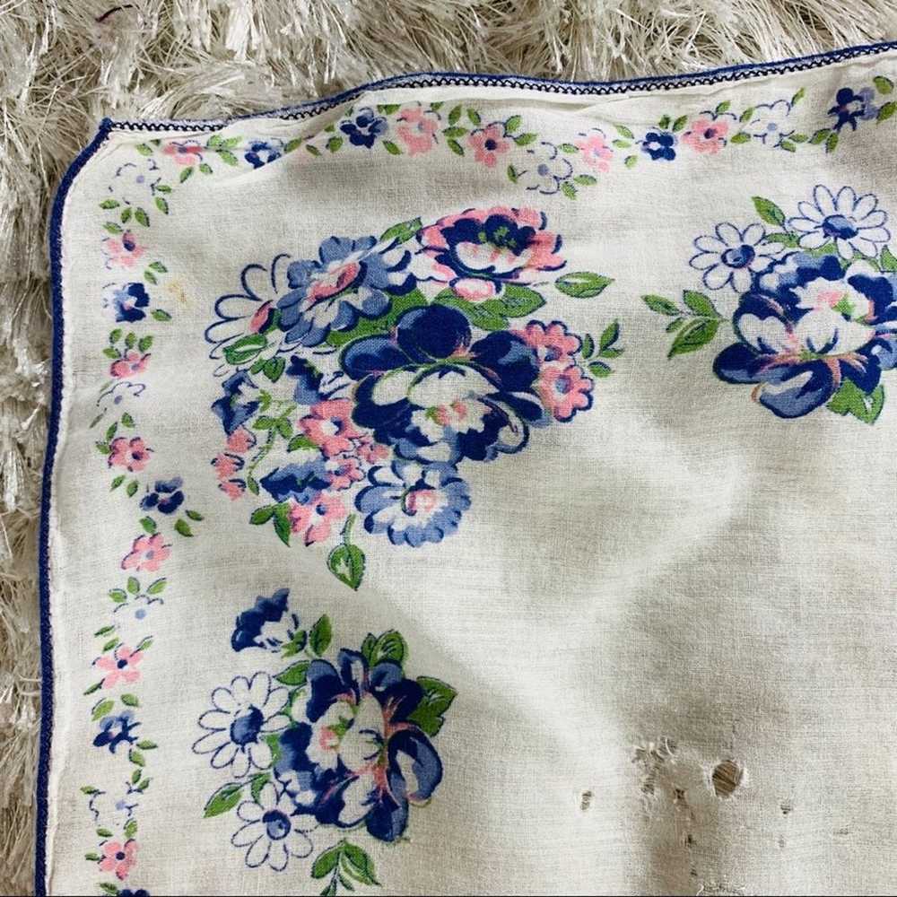 Vintage Handkerchief Floral 60s Cotton Blue Pink - image 5
