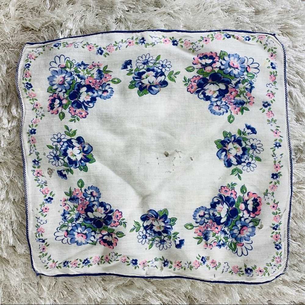Vintage Handkerchief Floral 60s Cotton Blue Pink - image 6