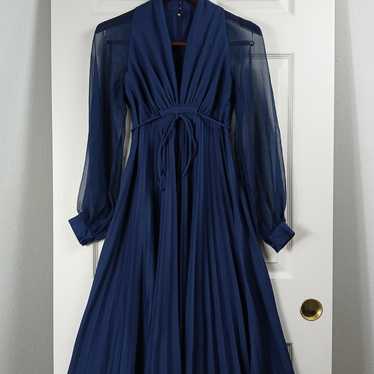 Vintage 80s Navy Blue Dress 7/8 pleated maxi shee… - image 1