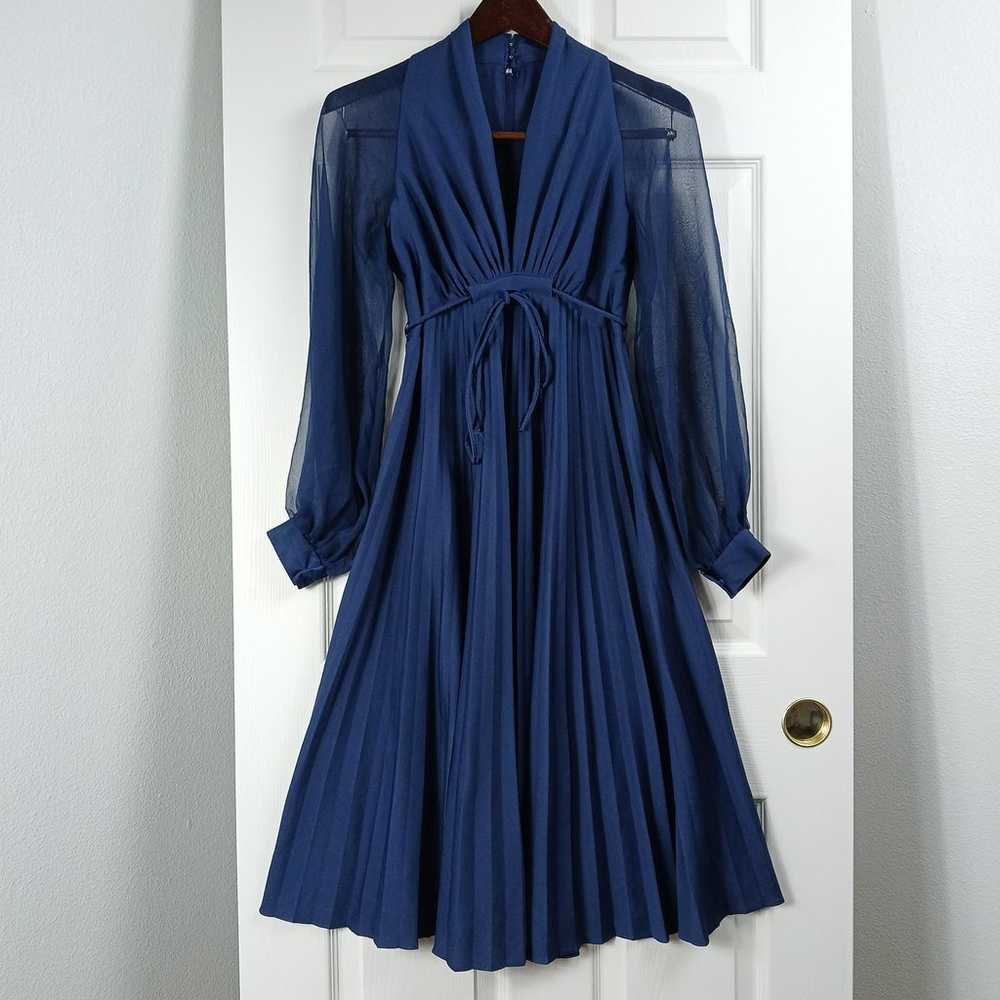 Vintage 80s Navy Blue Dress 7/8 pleated maxi shee… - image 2