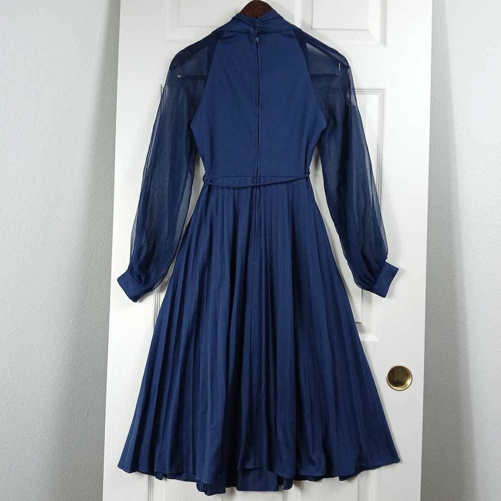 Vintage 80s Navy Blue Dress 7/8 pleated maxi shee… - image 3