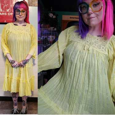 Vintage Solid Yellow Babydoll Tiered Flowy Dress L