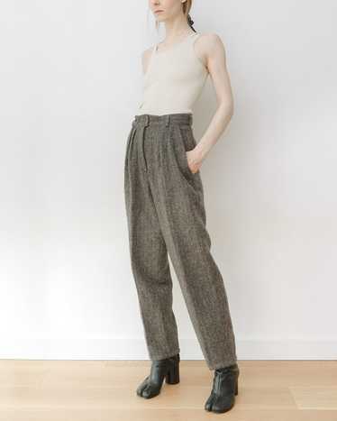 Grey Herringbone Tweed Wool Pleated Trousers