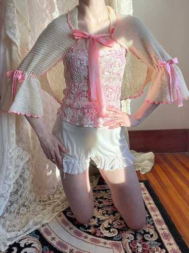 1940s Crochet Bolero Cardgian Cream Pink Ribbon Bo