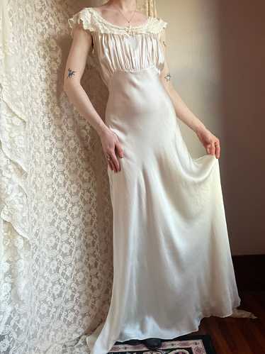 1940s Silk Chiffon Collar Bias Cut White Dress