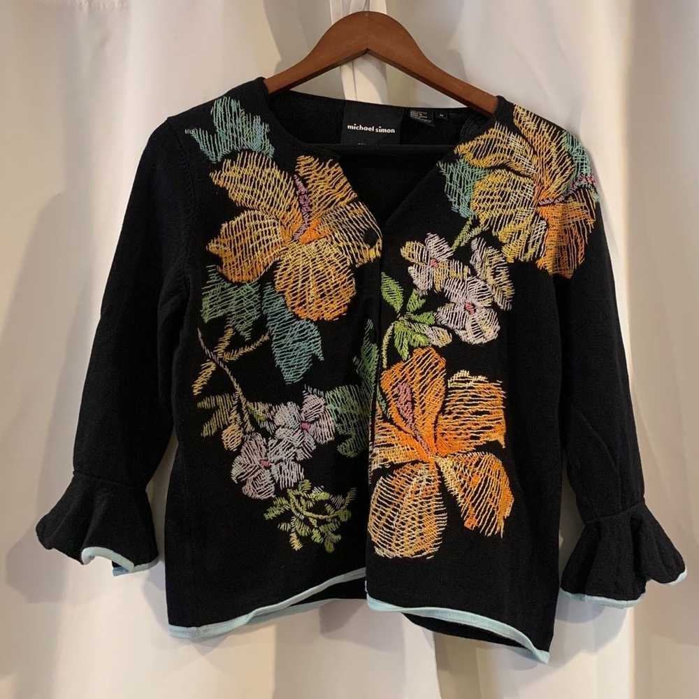 Michael Simon Black Tropical Floral Embroidered R… - image 1