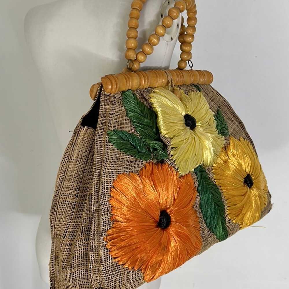 Vintage 60s Huge Raffia Flower Tote Bag - image 2