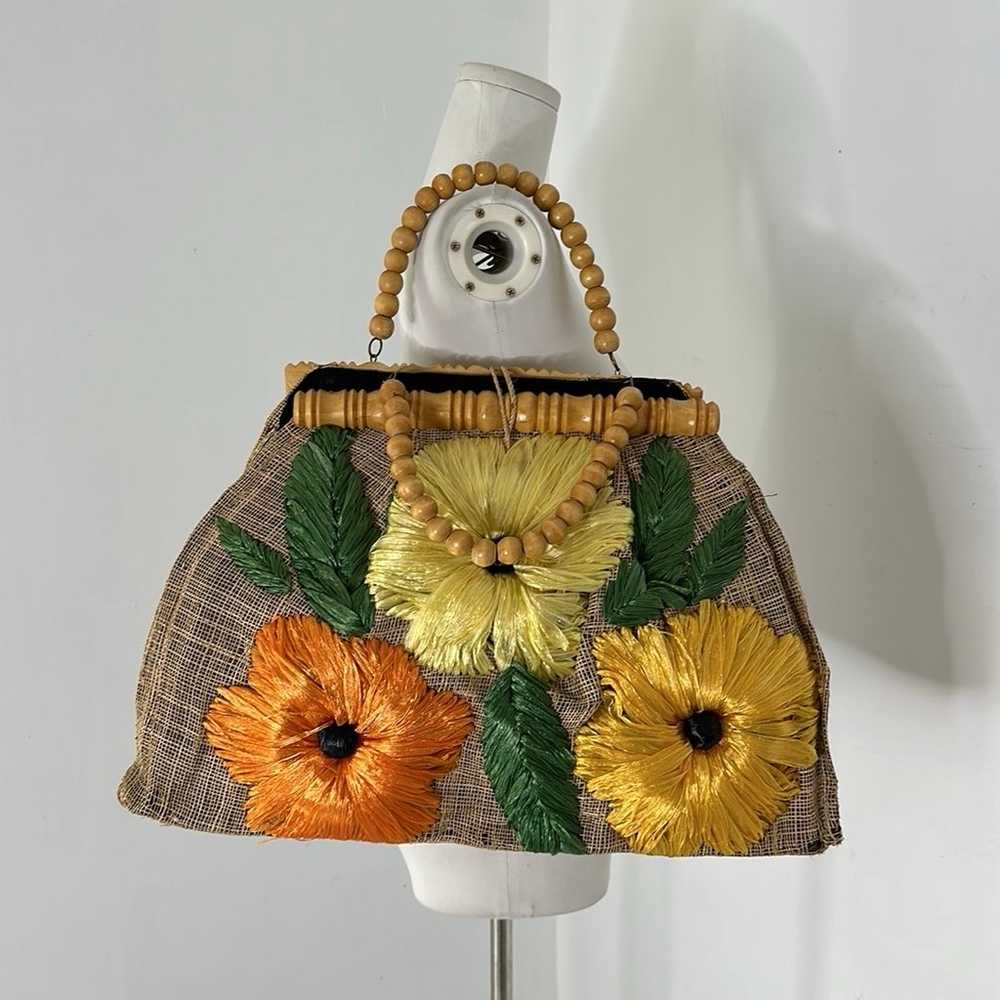Vintage 60s Huge Raffia Flower Tote Bag - image 4