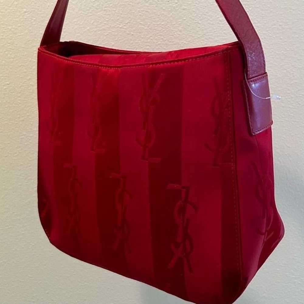 (YSL) Yves St Laurent Vintage Red Satin Logo Bag - image 12