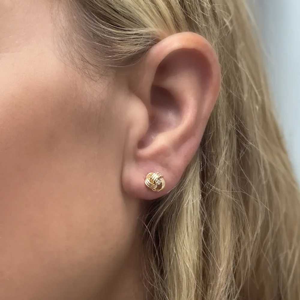 Diamond Knot Stud Earrings 14K Yellow Gold Twist … - image 2
