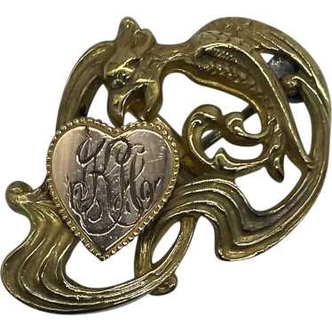 Victorian Watch Fob Pin Brooch with Bird Rose and… - image 1