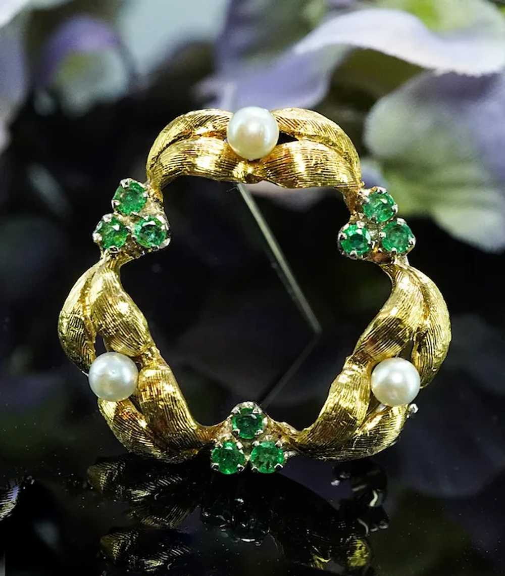 Kurt Gutmann Vintage Emerald Pearl Wreath Brooch … - image 2