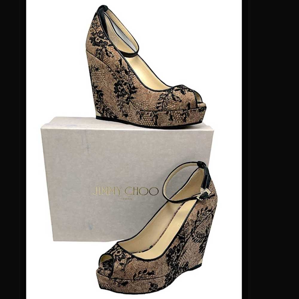 Jimmy Choo “Pacific” Beige Cork & Lace Peep Toe A… - image 1