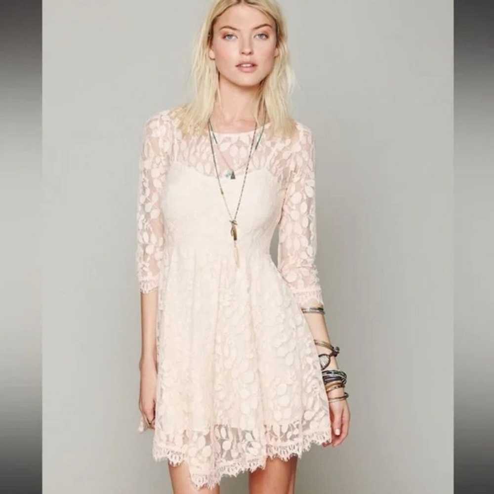 Free People Peach Floral Lace Overlay Skater Wome… - image 2