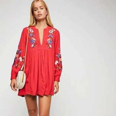 Free People Red Mia Floral Embroidered Rayon Crin… - image 1