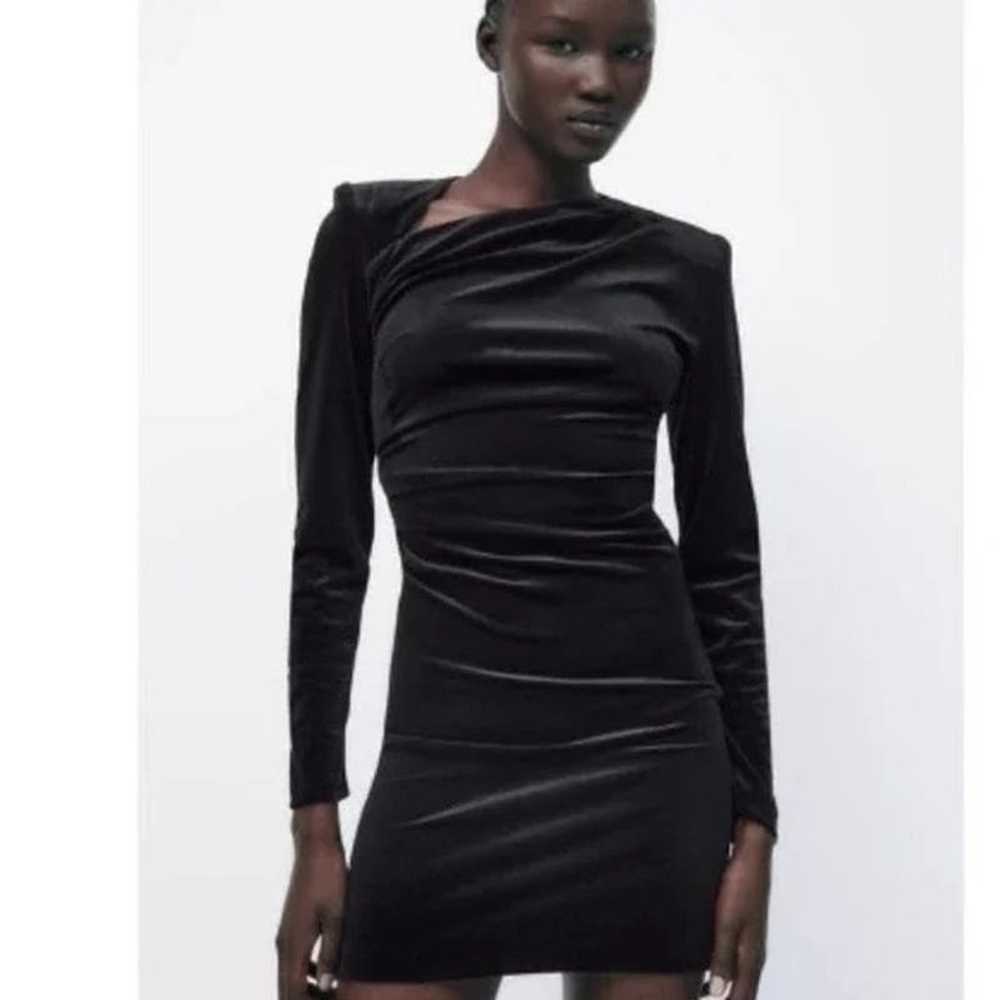 ZARA Black Velvet Mini Dress Long Sleeve Asymmetr… - image 1