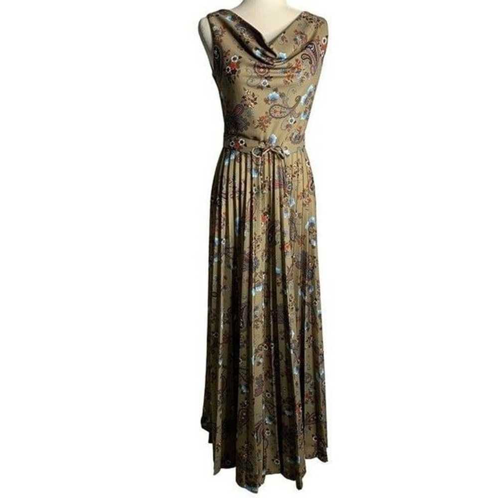 Vintage 70s Paisley Sleeveless Maxi Dress S Brown… - image 1