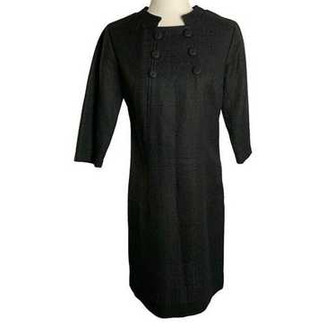 Vintage 60s Mod Wool Shift Dress S Black Knit 3/4… - image 1