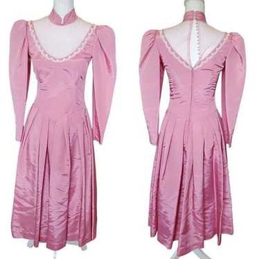 VTG 80s Pink Princess Dress Longsleeve Midi Taffe… - image 1