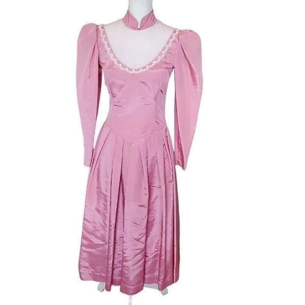 VTG 80s Pink Princess Dress Longsleeve Midi Taffe… - image 2