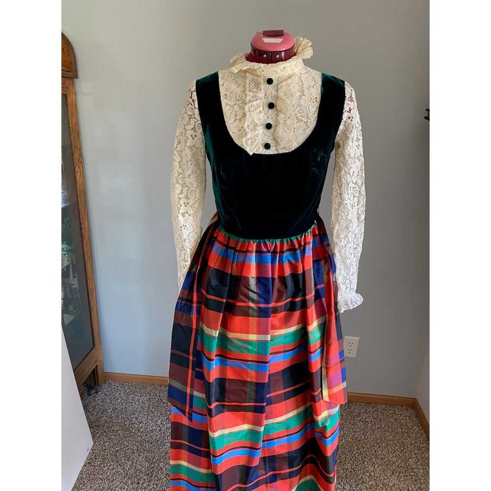 1970s dress taffeta plaid skirt velvet lace Chris… - image 12