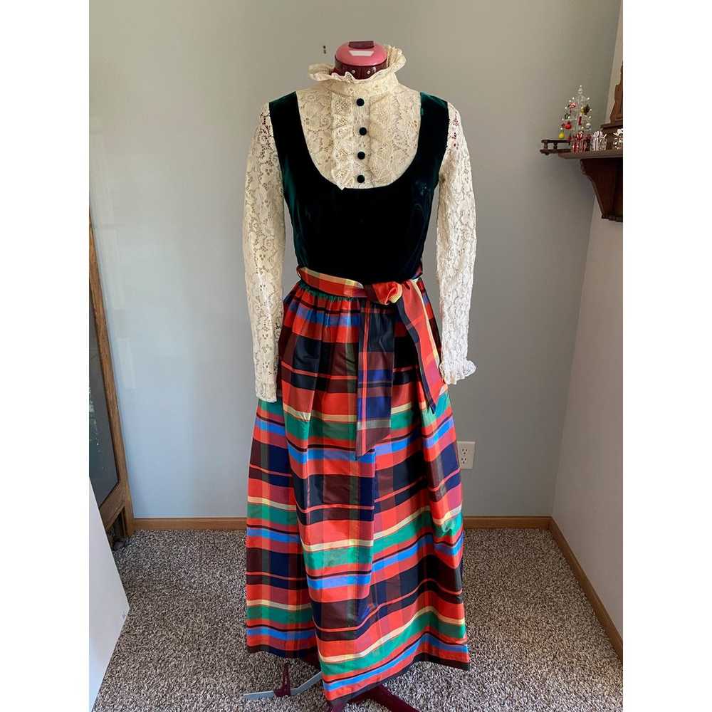 1970s dress taffeta plaid skirt velvet lace Chris… - image 1