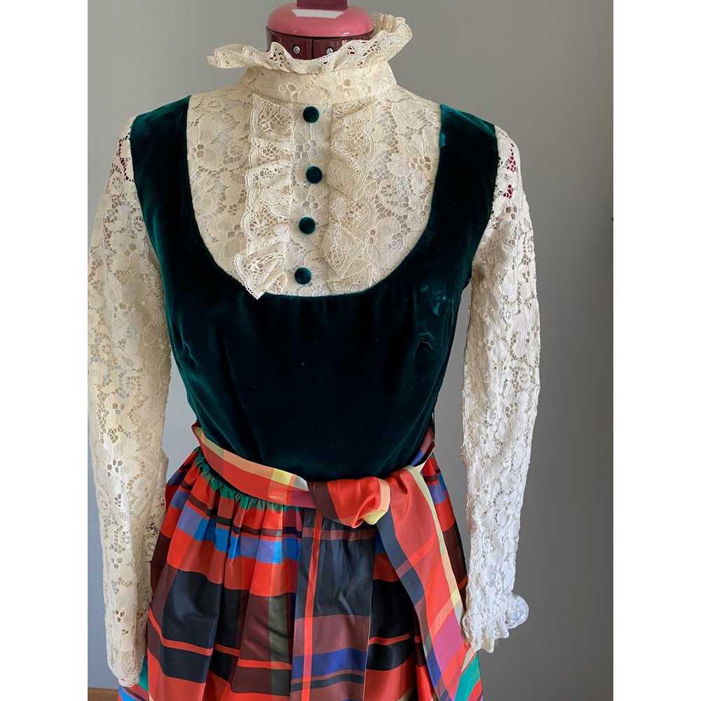 1970s dress taffeta plaid skirt velvet lace Chris… - image 2
