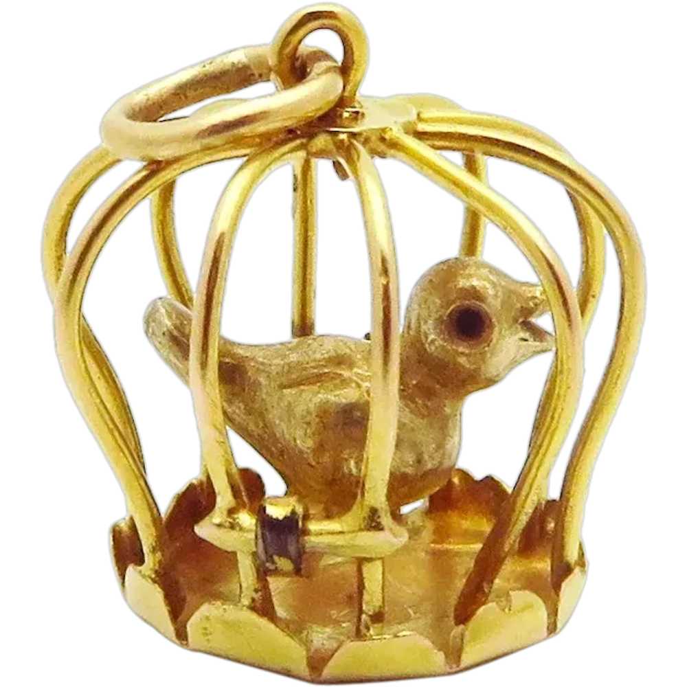 Vintage 14K Gold 3D Bird Singing in Birdcage Char… - image 1