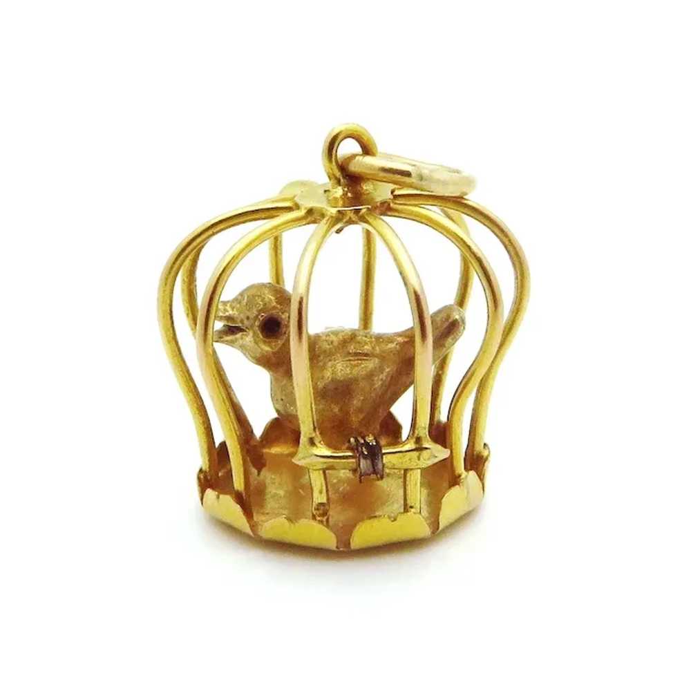 Vintage 14K Gold 3D Bird Singing in Birdcage Char… - image 2