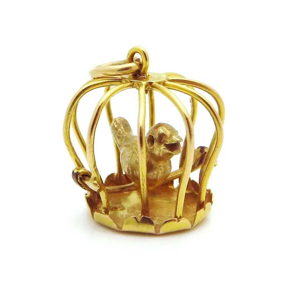 Vintage 14K Gold 3D Bird Singing in Birdcage Char… - image 4